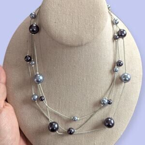 Three Strand Silver Floating Pearl Beads Necklace